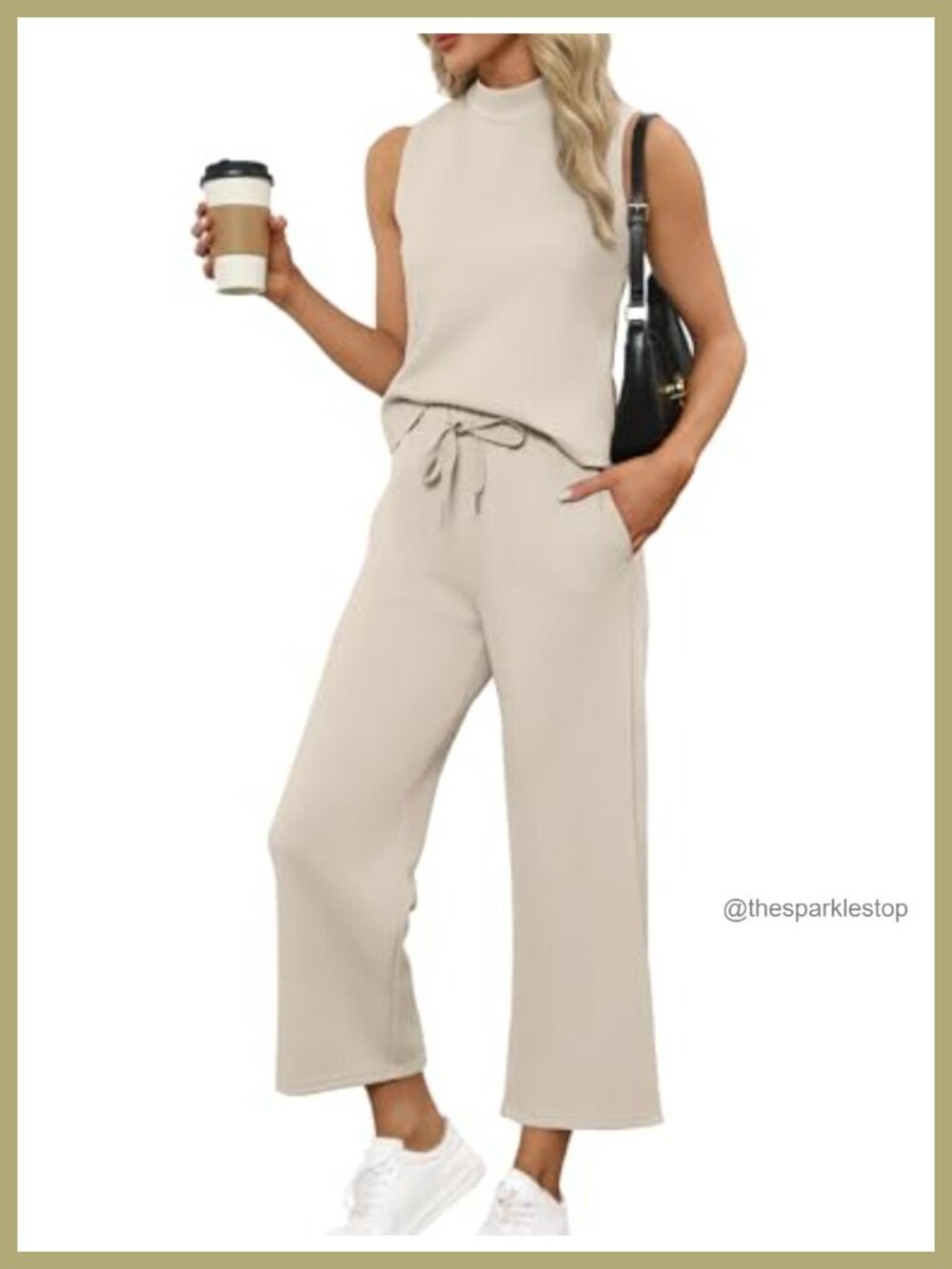 Two Piece Lounge Set Mock Neck Sleeveless Top Wide Leg Crop Pants